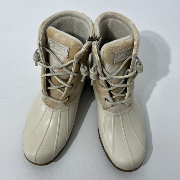 Sperry Duck Boot Womens 7.5 Cream Saltwater Buffalo Check Rain Bone Lace Up - Picture 1 of 10